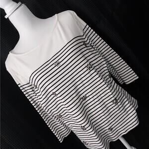 TALBOTS! BLACK & WHITE STRIPED, BEJEWELED FLOWER DETAIL TOP, TEE! SZ XLP